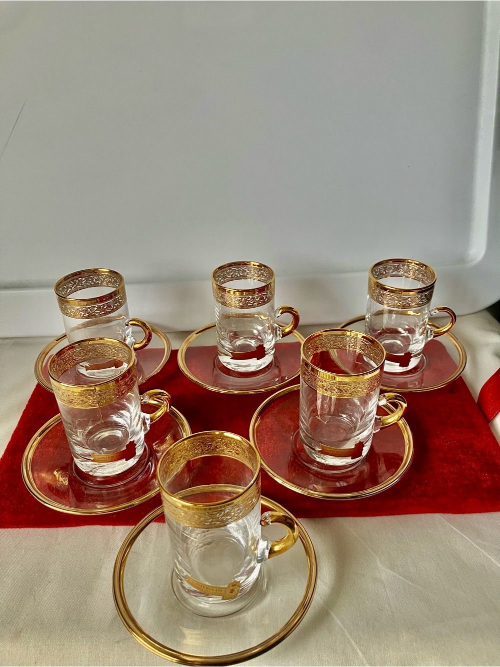 Interglass Italy Handmade Clear Glass 24kt Gold Set 6 Six Demitasse Cups Saucers